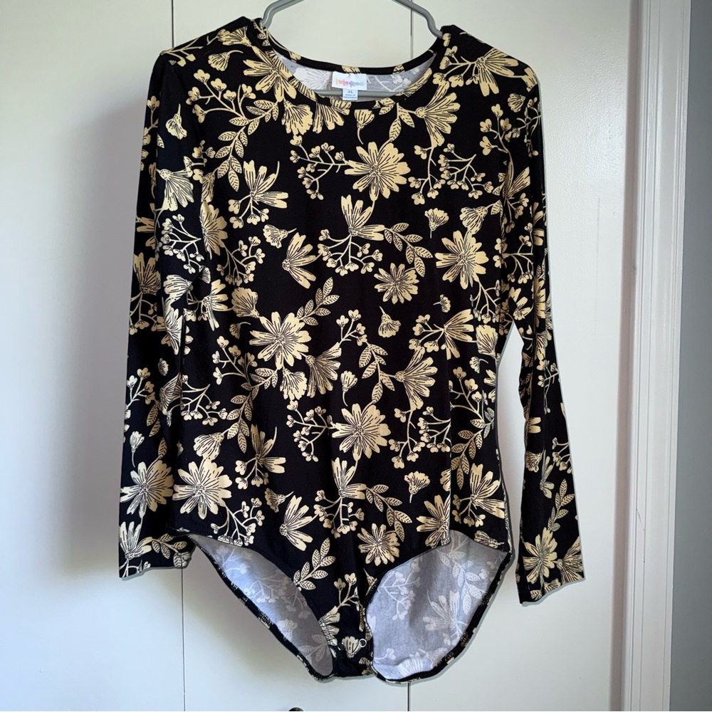 LuLaRoe Nova Black and Tan Floral Long Sleeve Bodysuit